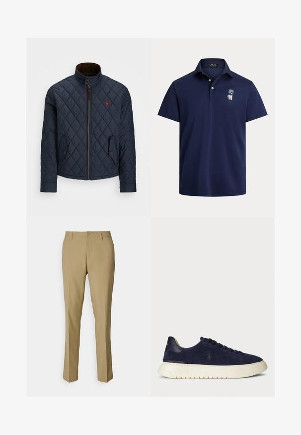 Casaco acolchoado azul-marinho com gola alta, fecho de correr, dois bolsos com botão e um pequeno emblema vermelho no peito. Textura suave.; Polo azul-marinho feito de tecido macio, com colarinho de três botões e um pequeno detalhe em personagem bordado no lado esquerdo do peito.; Calças caquis feitas de tecido suave, com um design clássico, pernas retas, fecho com botão e dois bolsos laterais.; Sapatilha baixa em camurça azul-marinho com uma superfície texturizada, sola de borracha e atacadores tonais, apresentando um pequeno logótipo de lado e no calcanhar.