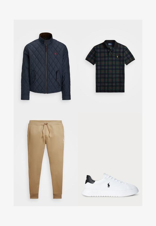 Marineblå quiltet jakke med høy krage, glidelås, to lommer med knapp og et lite rødt emblem på brystet. Myk tekstur.; Mørkegrønn, marineblå, rød og gul rutete polo skjorte med svart krage og ermekanter, med en liten gul brodert logo på brystet.; Brune joggebukser laget av mykt stoff, med snøring i midjen, ribbede mansjetter og en liten logo på underbenet.; Hvit lavt beskåret sneaker med svart hælflik og svart Polo Ralph Lauren-logo på siden, med hvite lisser og tykk gummisåle.