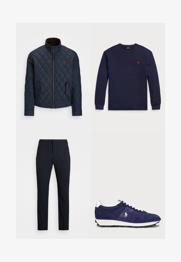Sötétkék steppelt dzseki magas gallérral, cipzáras záródással, két gombos zsebbel és egy kis piros emblémával a mellkason. Puha tapintású.; Sötétkék, hosszú ujjú póló, puha pamutból készült. Kerek nyakkivágással és egy kis piros logóval rendelkezik a bal mellrészen. Az anyag sima tapintású.; Sötétkék csíkos nadrág, slim fit szabással, sima elülső résszel, övhurkokkal és sima textúrával. Precíz szabás, letisztult megjelenéssel.; Tengerészkék tornacipő, amely velúr és textil kombinációjából készült, fehér fűzőkkel, gumitalppal és egy kis logóval az oldalán.