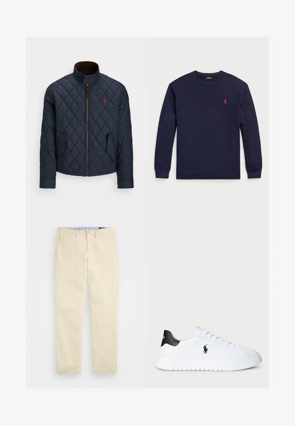 Marineblå quiltet jakke med høy krage, glidelås, to lommer med knapp og et lite rødt emblem på brystet. Myk tekstur.; Marineblå langermet t-skjorte laget av myk bomull. Har rund hals og en liten rød logo på venstre bryst. Jevn tekstur overalt.; Polo Ralph Lauren STRETCH STRAIGHT FIT CORDUROY TROUSER - Bukse - guide cream; Hvit lavt beskåret sneaker med svart hælflik og svart Polo Ralph Lauren-logo på siden, med hvite lisser og tykk gummisåle.