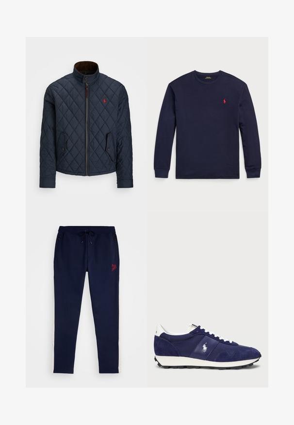 Ναυτική επενδυμένη ζακέτα με ψηλό λαιμό, κλείσιμο με φερμουάρ, δύο τσέπες με κουμπιά και ένα μικρό κόκκινο έμβλημα στο στήθος. Μαλακή υφή.; Μπλε κοντομάνικο μπλουζάκι με μακριά μανίκια φτιαγμένο από μαλακό βαμβάκι. Διαθέτει στρογγυλή λαιμόκοψη και ένα μικρό κόκκινο λογότυπο στο αριστερό στήθος. Λείο υφή σε όλη του την έκταση.; Γαλάζιες παντελόνες τζόγκινγκ με ελαστική μέση, κορδόνι προσαρμογής, φερμουάρ και λευκές ρίγες στις πλευρές. Διαθέτει κόκκινο κεντητό λογότυπο μπροστά.; Ναυτικές αθλητικές μπότες με συνδυασμό σουέτ και ύφασμα, λευκές στριφτές, καουτσούκ σόλα και μικρό λογότυπο στο πλάι.