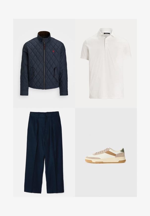 Tamnoplavi šiveni kaput s visokim ovratnikom, zatvaranjem na zatvarač, dva džepa na dugme i malim crvenim grbom na prsima. Mekana tekstura.; Muška bijela polo majica s kratkim rukavima, ovratnikom, s dva gumba i suptilnom logotipom na unutarnjem dijelu ovratnika.; NN.07 KAY - Hlače - navy blue; Tenisice u bež, krem i maslinasto zelenoj boji, izrađene od antilopa i kože, s okruglim vrhom, minimalističkim dizajnom i gumenim đonom.