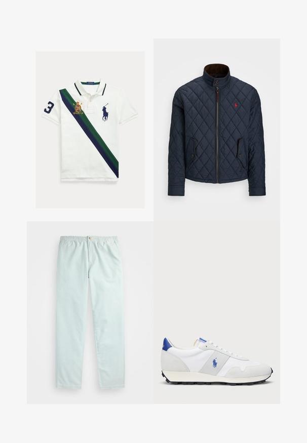 Sötétkék steppelt dzseki magas gallérral, cipzáras záródással, két gombos zsebbel és egy kis piros emblémával a mellkason. Puha tapintású.; Fehér póló zöld és tengerészkék ferde csíkkal. Nagy hímzett "3"-as szám, címer és tengerészkék lovas logó jellemzi.; Világoskék, laza szabású nadrág, elasztikus derékpánttal, oldalsó zsebekkel és egy gombos záródással elöl.; Fehér sportcipő szürke velúr részletekkel, hálós felsőrész, kék sarkú fül és fekete gumi talp. Felszereltségéhez tartozik a fűzős záródás és a logó.