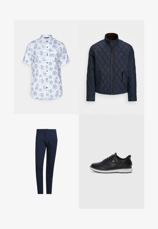 Marineblauer gesteppter Mantel mit hohem Kragen, Reißverschluss, zwei geknöpften Taschen und einem kleinen roten Emblem auf der Brust. Weiche Textur.; Kurzarmhemd aus hellblauem Stoff mit floralem und kreisförmigem Muster, durchgehender Knopfleiste und spitzem Kragen.; Marineblaue Chinos mit slim fit, aus leichtem Stoff, ausgestattet mit Gürtelschlaufen, einem Frontknopfverschluss und seitlichen Taschen.; Schwarze Leder Schnürsneaker von Skechers mit weißer Sohle, seitlichem Logo und strukturiertem Grip auf der Sohle vor einem schlichten hellen Hintergrund.