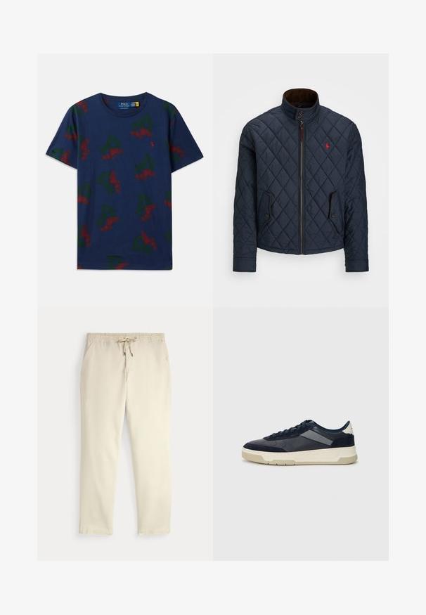 Casaco acolchoado azul-marinho com gola alta, fecho de correr, dois bolsos com botão e um pequeno emblema vermelho no peito. Textura suave.; T-shirt de algodão azul marinho com gráficos repetidos de 'P' verde e sapato alado vermelho, design de gola redonda, ajuste relaxado e mangas curtas.; Calças casuais off-white com cintura elástica e cordão, pernas retas e bolsos laterais, contra um fundo liso.; BOSS BALTIMORE - Sapatilhas - open blue