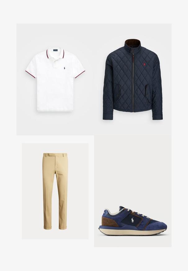 Mornarska podložena jakna z visokim ovratnikom, zadrgo, dvema žepoma na gumb in majhnim rdečim emblemom na prsih. Mehka tekstura.; Bela polo majica z rebrastim ovratnikom, ki ima rdeče in mornarsko modre proge, dvoknopčno zapiranje in majhen vezen logotip na prsih.; Kahe barvni chinos narejeni iz gladkega bombažnega blaga, ki ponujajo prilegan dizajn, sprednje pregibe in manšete pri gležnju za ozko silhueto.; Temno modri semiš in mrežasti športni copat z svetlejšimi akcenti, bež gumijastim podplatom in belimi vezalkami; vsebuje logo na strani.