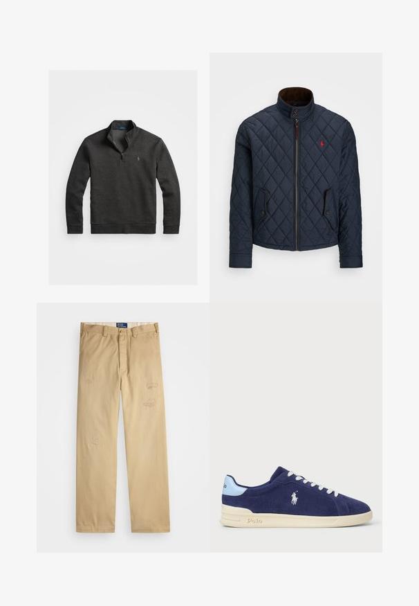 Marineblå quiltet jakke med høy krage, glidelås, to lommer med knapp og et lite rødt emblem på brystet. Myk tekstur.; Polo Ralph Lauren DOUBLE-KNIT QUARTER-ZIP PULLOVER - Topper langermet - windsor heather; Beige bomullsbukser med rett snitt. Har slitte lapper og broderte detaljer foran. Klassisk knapp- og glidelås-lukking.; Navyblå antiskinn-sneakers med hvite skolisser og en kremfarget gummisåle. Har en lys blå aksent og en liten brodert logo på siden.
