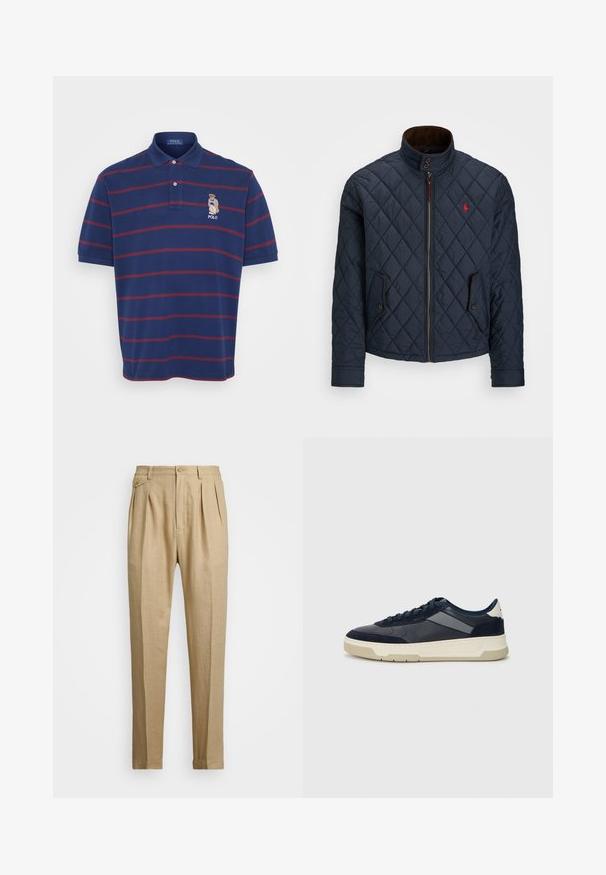 Casaco acolchoado azul-marinho com gola alta, fecho de correr, dois bolsos com botão e um pequeno emblema vermelho no peito. Textura suave.; Polo de cor azul-marinho com riscas horizontais em marrom, colarinho de dois botões e logótipo de urso bordado no lado esquerdo do peito. Material de algodão, mangas curtas.; Calças de linho bege com corte reto, apresentando dois plissados frontais, fecho com botão e bolsos laterais. Tecido texturizado com um acabamento suave.; BOSS BALTIMORE - Sapatilhas - open blue