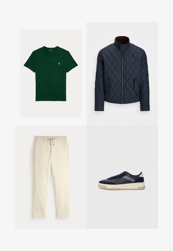 Granatowa pikowana kurtka z wysokim kołnierzem, zapięciem na zamek, dwoma kieszeniami zapinanymi na guziki oraz małym czerwonym emblematem na piersi. Miękka tekstura.; Polo Ralph Lauren - T-shirt basic; Casualne spodnie w kolorze off-white z elastycznym pasem i sznurkiem, proste nogawki i boczne kieszenie na jednolitym tle.; BOSS BALTIMORE niebieski