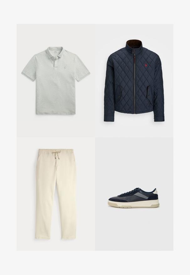 Námořnický prošívaný kabát s vysokým límcem, zipovým zapínáním, dvěma kapsami na knoflíky a malou červenou emblém na hrudi. Měkká textura.; Pánská polo tričko ve světle šedé barvě s úzkými horizontálními pruhy. Obsahuje klasický límeček a malé vyšívané logo na hrudi.; Krémové casual kalhoty s elastickým pasem a stahovací šňůrkou, rovné nohavice a boční kapsy na jednoduchém pozadí.; BOSS BALTIMORE - Tenisky - open blue