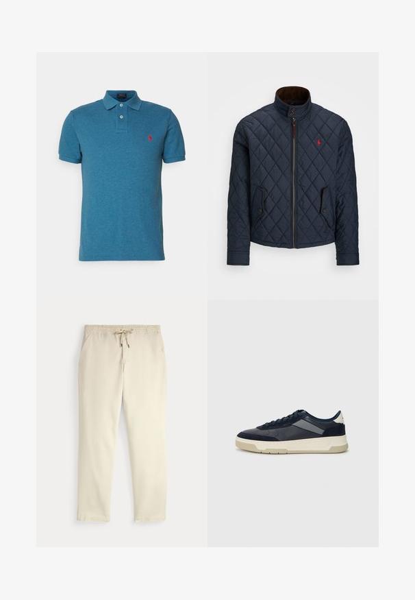 Marineblå quiltet jakke med høy krage, glidelås, to lommer med knapp og et lite rødt emblem på brystet. Myk tekstur.; Teppegrønn bomullspolo med brettet krage, to-knapps placket, korte ermer og en liten rød logo på venstre bryst. Glatt tekstur.; Off-white kosebukser med elastisk midje og snor, rette ben og sidelommer mot en ensfarget bakgrunn.; BOSS BALTIMORE - Joggesko - open blue