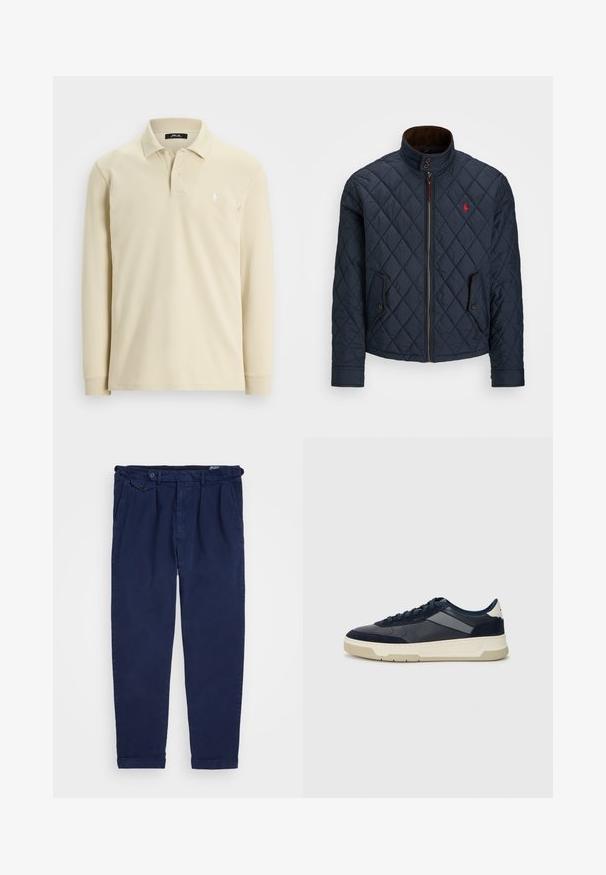 Marinblå kviltad jacka med hög krage, dragkedja, två knappfickor och ett litet rött emblem på bröstet. Mjuk textur.; Beige långärmad polo-tröja med krage, två knappar, ribbade cuffs och liten vit broderad logotyp på vänster bröst.; Marina chinos i bomull, med rak benmodell, framfickor, knäppning och upprullade muddar. Slät textur med minimalistisk design.; BOSS BALTIMORE - Sneakers - open blue