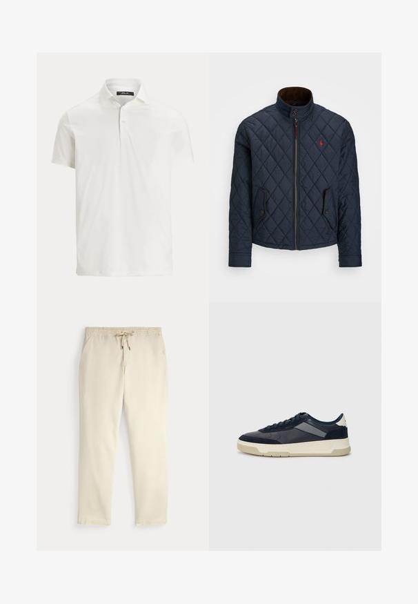 Navy quilted jacket with a high collar, zip closure, two buttoned pockets, and a small red emblem on the chest. Soft texture.; Men's white short-sleeve polo shirt with a collar, two buttons, and a subtle logo label on the inside collar.; Off-white casual pants with elastic waistband and drawstring, straight legs, and side pockets against a plain background.; BOSS BALTIMORE - Trainers - open blue