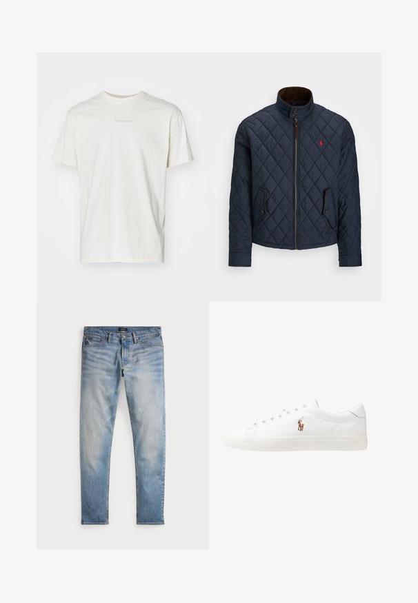 Marineblå quiltet jakke med høy krage, glidelås, to lommer med knapp og et lite rødt emblem på brystet. Myk tekstur.; Kremfarget bomull T-skjorte med korte ermer og rund hals. Har subtil "BJÖRN BORG" tekst i lys grått på fronten.; Lys blå denimjeans med et falmet utseende, fem-lommer design og kontrastsøm. Har glidelås og beltesløyfer. Rett snitt.; Hvite lærsko, lavt design, med en glatt tekstur, rund tå, snøring foran, og en liten brodert logo på siden.
