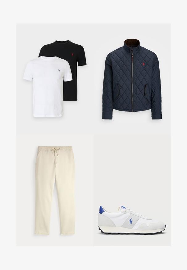 Marinblå kviltad jacka med hög krage, dragkedja, två knappfickor och ett litet rött emblem på bröstet. Mjuk textur.; Två T-shirts i svart och vitt. Klassisk rund halsringning, korta ärmar, tillverkade av bomull. Har en liten broderad logga på bröstet.; Off-white casual byxor med elastisk midja och snörning, raka ben och sidofickor mot en enfärgad bakgrund.; Vit atletisk sneaker med grå mockadetaljer, övre i mesh, blå hälflik och svart gummisul. Funktioner snörning och logotyp.