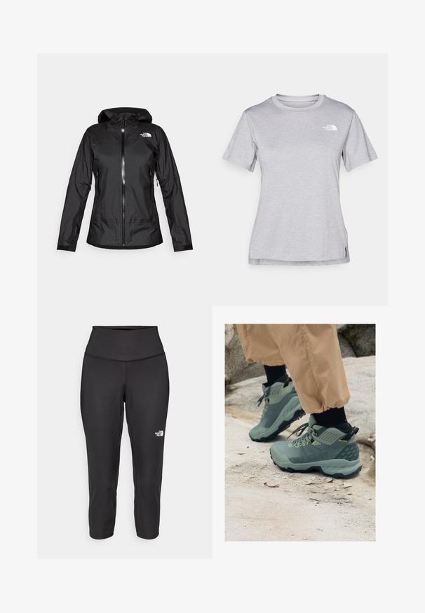 Čierna nepremokavá bunda s kapucňou, s predným zipsom a dvoma bočnými vreckami. Logo The North Face je viditeľné na hornej pravej strane.; Sivý tričko s krátkym rukávom vyrobené z jemného, vlhkosť odvádzajúceho materiálu. Obsahuje okrúhly výstrih a malé biele logo na hornej ľavej strane.; Čierne capri legíny vyrobené z elastickej tkaniny, s vysokým pásom a malým bielym logom na ľavej strane. Hladká textúra.; Mammut outdoor topánky v tlmených zelených farbách s textúrovaným zvrškom, žltými akcentmi a robustnou čiernou podrážkou. Odolný dizajn na vonkajšie aktivity.
