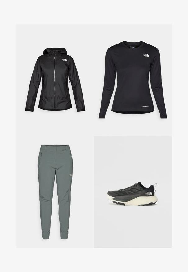 Črna vodoodporna jakna s kapuco, ki ima sprednji zadrgo in dva stranska žepa. Logotip The North Face je vidno na zgornji desni strani.; The North Face SHADOW LONG SLEEVE - Majica z dolgimi rokavi - black; Sive hlače za prosti čas, izdelane iz lahkega in trpežnega materiala. Imajo zadrgo na stranskih žepih ter obliko slim fit z zoženimi hlačnicami.; Črne atletske čevlje z teksturiranim zgornjim delom, ki imajo sivo obrobo in belo srednjo podplat. Vključujejo zanko za vprego in izstopajočo blagovno znamko na peti.
