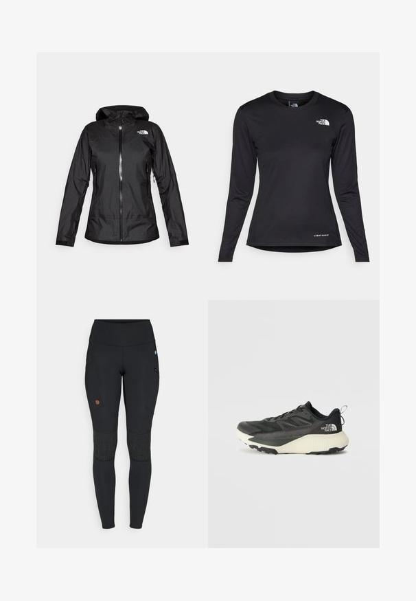 Musta vedenpitävä takki hupulla, jossa on edessä vetoketju ja kaksi sivutaskua. The North Face -logo näkyy oikeassa yläkulmassa.; The North Face SHADOW LONG SLEEVE - Pitkähihainen paita - black; Mustat urheiluleggingsit, joissa on korkea vyötärö, sivutaskut, strukturoidut polvipaikat ja pieni brändilogotyyppinen merkki ylemmässä reisi-alueessa.; Musta urheilukengä, jossa on teksturoitu päällinen, harmaita yksityiskohtia ja valkoinen välipohja. Sisältää vetotagin ja näkyvän tuotemerkin logon kantapäässä.