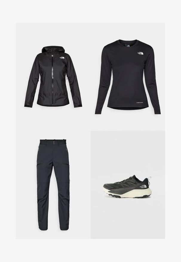 Črna vodoodporna jakna s kapuco, ki ima sprednji zadrgo in dva stranska žepa. Logotip The North Face je vidno na zgornji desni strani.; The North Face SHADOW LONG SLEEVE - Majica z dolgimi rokavi - black; Temno sive hlače, narejene iz lahkotnega, gladkega materiala. Značilnosti vključujejo žepe na zadrgo in raven sprednji del z zankami za pas.; Črne atletske čevlje z teksturiranim zgornjim delom, ki imajo sivo obrobo in belo srednjo podplat. Vključujejo zanko za vprego in izstopajočo blagovno znamko na peti.