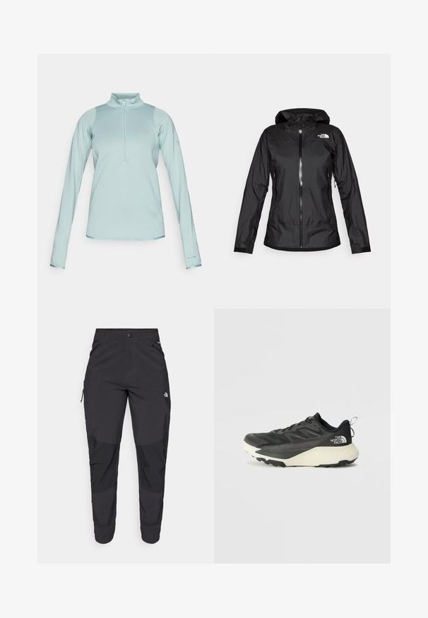 Schwarze wasserdichte Jacke mit einer Kapuze, ausgestattet mit einem Frontreißverschluss und zwei Seitentaschen. Das Logo von The North Face ist oben rechts sichtbar.; Hellesblaues Langarm-Pullover mit einem Halb-Reißverschluss vorne, strukturiertem Stoff, glatten Akzenten und dem "Columbia"-Logo auf der Brust und dem Ärmel.; Schwarze Outdoor-Hosen aus strapazierfähigem Material. Verfügen über Reißverschlusstaschen, verstärkte Knieeinsätze und ein gerades Design für Beweglichkeit.; Schwarzer Sportschuh mit strukturiertem Obermaterial, ausgestattet mit grauen Akzenten und einer weißen Zwischensohle. Enthält eine Zuglasche und ein markantes Markenlogo an der Ferse.