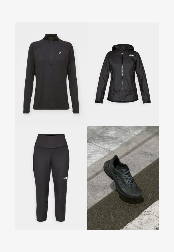 Juoda vandeniui atspari striukė su kapišonu, turinti priekinius užtrauktuką ir dvi šonines kišenes. "The North Face" logotipas matomas viršutiniame dešiniajame šone.; Juodas ilgomis rankovėmis ketvirčio užtrauktuku marškinėliai, turintys lygią tekstūrą ir prigludusią kirpimą. Su raglan rankovėmis ir mažu baltu logotipu ant krūtinės.; Juodos capri tipo leggingai, pagaminti iš tamprios medžiagos, su aukštu juosmeniu ir mažu baltu logotipu kairėje pusėje. Lygi tekstūra.; Juodas bėgimo batelis su tinkline viršutine dalimi, tekstūruotomis akcentais ir logotipu, su paminkštintu padu ir pilkomis raištelėmis, padėtas ant asfalto.