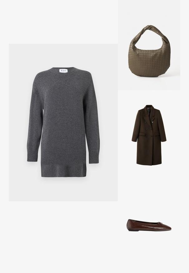 Rjav plašč iz volnenega mešanega materiala z dvojnim zapenjanjem, zareznimi ovratniki, dvema sprednjima žepoma in gumbnimi poudarki. Dolgi rokavi in srednja dolžina.; Sivkasta pletena svetilka, izdelana iz mehkega blaga, z okroglo ovratnico, dolgimi rokavi ter rebrastimi manšetami in robom. Enostaven in klasičen dizajn.; Rjave usnjene balerinke z gladko teksturo, koničastim nožnim prstom in naglavnim poudarkom s pentljo spredaj, ki imajo nizek črn gumijast podplat.; Tkanina olivno zelena torba z okroglo obliko in zvitim ročajem. Tekstura površine vsebuje diagonalni vzorec. Zadrga za zapiranje.