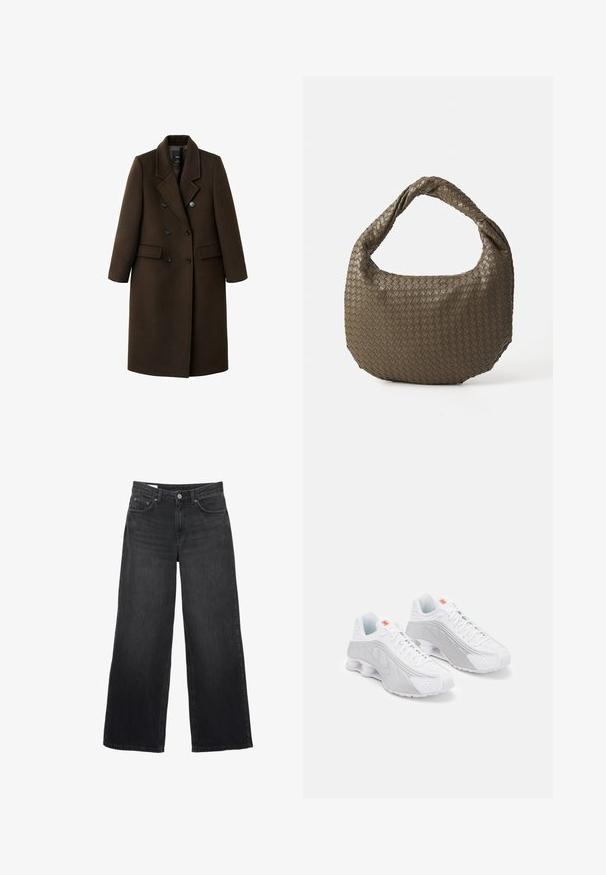 Hnědý vlněný kabát smíchaný s dalšími materiály, s dvojitým zapínáním, klopami s výstřihem, dvěma předními kapsami a knoflíkovými detaily. Dlouhé rukávy a střední délka.; Světle béžový svetr s kulatým výstřihem vyrobený z jemné pleteniny. Obsahuje dlouhé rukávy a žebrované manžety, s uvolněným střihem a minimalistickým designem.; Černé široké džíny vyrobené z denimu. Mají klasický pětikapsový design, rovný střih a přední zapínání na knoflík.; Bílé běžecké boty s šedými akcenty, s texturovaným svrškem, perforacemi pro ventilaci a segmentovanou patou pro odpružení.; Tkaná olivově zelená kabelka zaobleného tvaru s propleteným držadlem. Texturovaný povrch má diagonální vzor. Zapínání na zip.