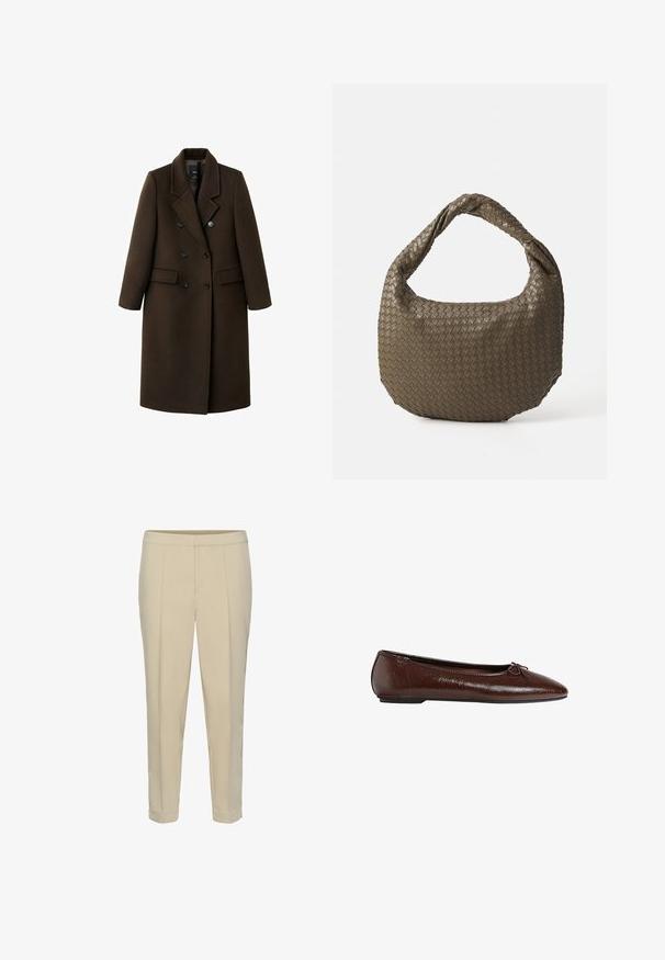 Bruine wolmix jas met een dubbelzijdig ontwerp, notch revers, twee voorzakken en knoopaccenten. Lange mouwen en een middellange snit.; Lichtbeige ronde hals trui gemaakt van zacht breiwerk. Heeft lange mouwen en geribbelde manchetten, met een relaxte pasvorm en minimalistisch ontwerp.; Beige op maat gemaakte broek met rechte pijpen, voorplooien en een manchetzoom. Soepele textuur en geen zichtbare hardware of patronen.; Bruine leren ballerina met een gladde textuur, puntige neus en een strikaccent aan de voorkant, voorzien van een lage zwarte rubberen zool.; Geweven olijfgroene handtas met een ronde vorm en een gedraaide handgreep. De textuur heeft een diagonaal patroon. Ritssluiting.