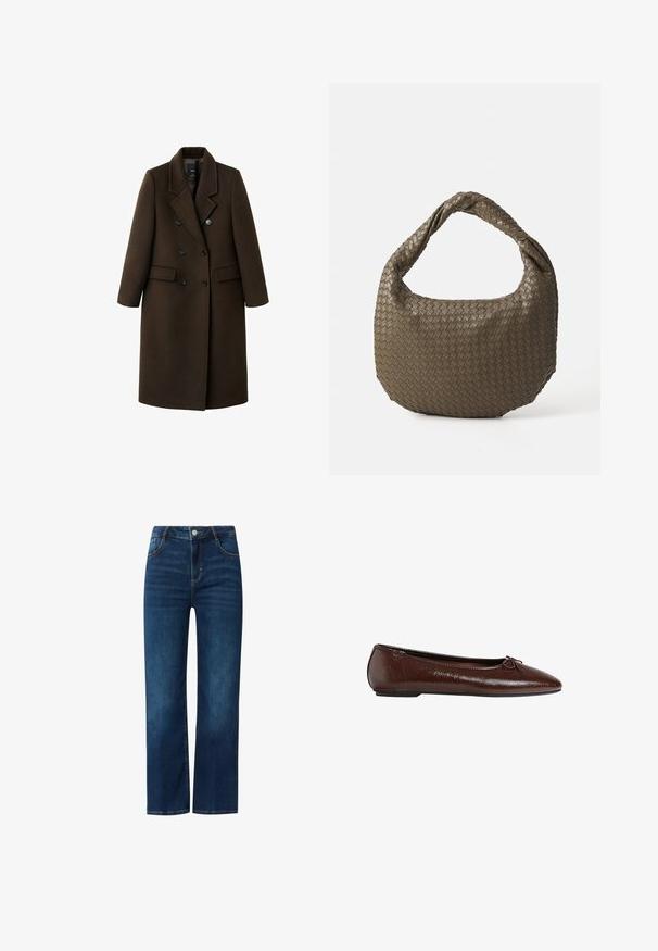 Brązowy płaszcz z mieszanki wełny o podwójnym zapięciu, z klapami w kształcie notcha, dwoma przednimi kieszeniami i guzikami jako ozdobami. Długie rękawy i średniej długości krój.; Jasnobeżowy sweter z okrągłym dekoltem wykonany z miękkiej dzianiny. Posiada długie rękawy i ściągacze, ma luźny krój i minimalny design.; Niebieskie dżinsy o prostym kroju nogawki, z zapięciem na suwak z przodu, pięcioma kieszeniami i kontrastowymi szwami. Gładka faktura, średni odcień prania.; Brązowe skórzane baleriny o gładkiej fakturze, z ostro zakończonym noskiem i zdobieniem w postaci kokardy z przodu, z niską czarną gumową podeszwą.; Woven oliwkowa torebka o zaokrąglonym kształcie i skręconym uchwycie. Teksturowana powierzchnia zdobiona jest diagonalnym wzorem. Zamek błyskawiczny.
