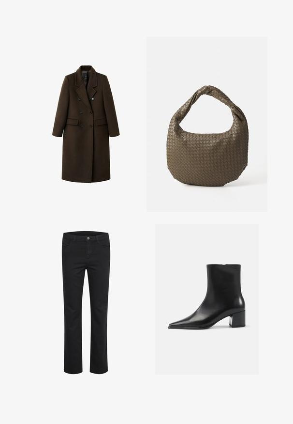 Bruine wolmix jas met een dubbelzijdig ontwerp, notch revers, twee voorzakken en knoopaccenten. Lange mouwen en een middellange snit.; Lichtbeige ronde hals trui gemaakt van zacht breiwerk. Heeft lange mouwen en geribbelde manchetten, met een relaxte pasvorm en minimalistisch ontwerp.; Zwarte denim broek met een rechte pasvorm, voorzien van twee voorkruiszakken en een enkele metalen knop aan de tailleband. Gladde textuur.; Zwarte leren enkellaars met een spitse neus, een soepele textuur en een middenblokhak. Minimalistisch ontwerp, ritssluiting aan de achterkant.; Geweven olijfgroene handtas met een ronde vorm en een gedraaide handgreep. De textuur heeft een diagonaal patroon. Ritssluiting.