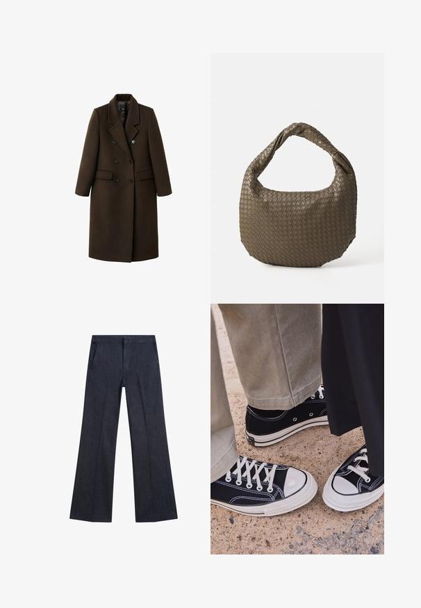 Brun ullblandad kappa med dubbelknäppt design, slagkragar, två framfickor och knappdetaljer. Långa ärmar och medellång klippning.; Ljus beige crew neck tröja tillverkad av mjukt stickat material. Har långa ärmar och ribbade manschetter, med en avslappnad passform och minimalistisk design.; Mörkblå denimbyxor med vida ben, framfickor, en slät textur och platt midjeband. Har skräddarsydda veck på benen.; Svarta canvas sneakers med vita gummikapslar och snören. Kontraststygn och metallöglor ger detaljer. Bärs med beige byxor och svart tyg.; Vävd olivgrön handväska med rund form och vriden handtag. Texturerad yta har ett diagonalt mönster. Dragkedjestängning.