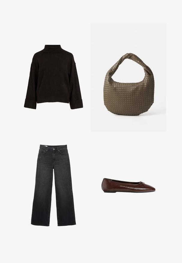 Brauner Wollmischungs-Mantel mit doppelreihigem Design, Reverskragen, zwei Fronttaschen und Knopfdetails. Lange Ärmel und mittellange Schnitt.; Schwarzer Rollkragenpullover mit lässiger Passform, ausgestattet mit gerippten Bündchen und Saum, aus weichem Strickstoff gefertigt. Einfaches, klares Design.; Schwarze weit geschnittene Jeans aus Denim. Sie verfügen über ein klassisches Fünf-Taschen-Design, eine gerade Silhouette und einen Knopfverschluss vorne.; Braune Leder-Ballettschuhe mit glatter Textur, spitzer Zehenpartie und einer Schleifenakzentierung auf der Vorderseite, ausgestattet mit einer niedrigen schwarzen Gummisohle.; Geflochtene olivgrüne Handtasche mit runder Form und gedrehter Tragegriff. Strukturiert Oberfläche mit diagonaler Musterung. Reißverschlussverschluss.