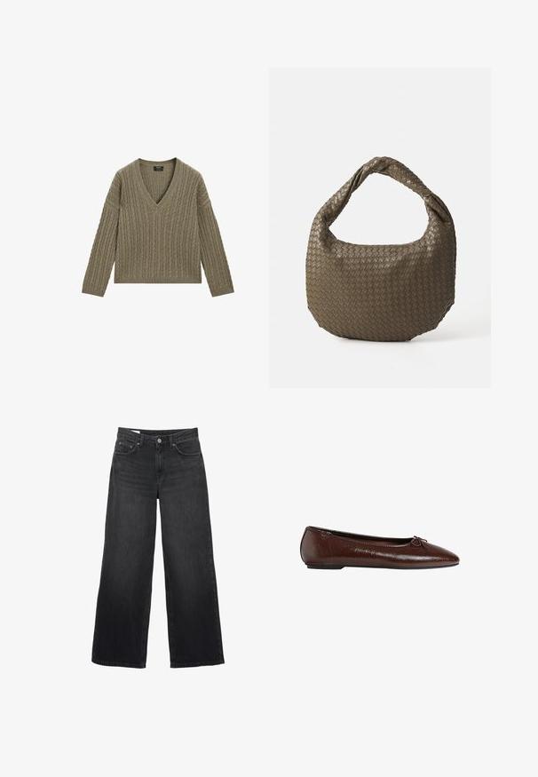 Brauner Wollmischungs-Mantel mit doppelreihigem Design, Reverskragen, zwei Fronttaschen und Knopfdetails. Lange Ärmel und mittellange Schnitt.; Olivgrüner V-Ausschnitt-Pullover mit gerippter Textur und Zopfmuster. Verfügt über lange Ärmel und eine gekürzte Länge.; Schwarze weit geschnittene Jeans aus Denim. Sie verfügen über ein klassisches Fünf-Taschen-Design, eine gerade Silhouette und einen Knopfverschluss vorne.; Braune Leder-Ballettschuhe mit glatter Textur, spitzer Zehenpartie und einer Schleifenakzentierung auf der Vorderseite, ausgestattet mit einer niedrigen schwarzen Gummisohle.; Geflochtene olivgrüne Handtasche mit runder Form und gedrehter Tragegriff. Strukturiert Oberfläche mit diagonaler Musterung. Reißverschlussverschluss.