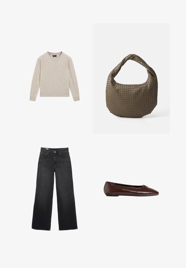 Brązowy płaszcz z mieszanki wełny o podwójnym zapięciu, z klapami w kształcie notcha, dwoma przednimi kieszeniami i guzikami jako ozdobami. Długie rękawy i średniej długości krój.; Beżowy sweter z dzianiny, okrągły dekolt, długie rękawy, ściągacze na rękawach i u dołu, miękka tekstura, prosty design bez wzorów czy ozdób.; Czarne dżinsowe spodnie o szerokich nogawkach. Posiadają klasyczny pięciopocketowy fason, prosty krój i zapięcie na guzik z przodu.; Brązowe skórzane baleriny o gładkiej fakturze, z ostro zakończonym noskiem i zdobieniem w postaci kokardy z przodu, z niską czarną gumową podeszwą.; Woven oliwkowa torebka o zaokrąglonym kształcie i skręconym uchwycie. Teksturowana powierzchnia zdobiona jest diagonalnym wzorem. Zamek błyskawiczny.