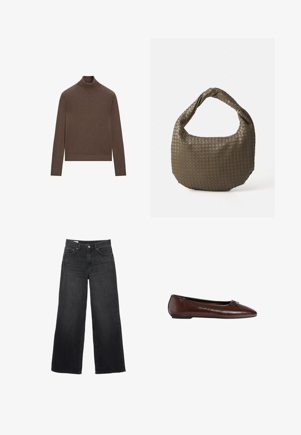 Brązowy płaszcz z mieszanki wełny o podwójnym zapięciu, z klapami w kształcie notcha, dwoma przednimi kieszeniami i guzikami jako ozdobami. Długie rękawy i średniej długości krój.; Brązowy sweter typu golf wykonaną z miękkiej dzianiny. Posiada dopasowany krój, długie rękawy oraz ribbowe wykończenie przy kołnierzu i u dołu.; Czarne dżinsowe spodnie o szerokich nogawkach. Posiadają klasyczny pięciopocketowy fason, prosty krój i zapięcie na guzik z przodu.; Brązowe skórzane baleriny o gładkiej fakturze, z ostro zakończonym noskiem i zdobieniem w postaci kokardy z przodu, z niską czarną gumową podeszwą.; Woven oliwkowa torebka o zaokrąglonym kształcie i skręconym uchwycie. Teksturowana powierzchnia zdobiona jest diagonalnym wzorem. Zamek błyskawiczny.