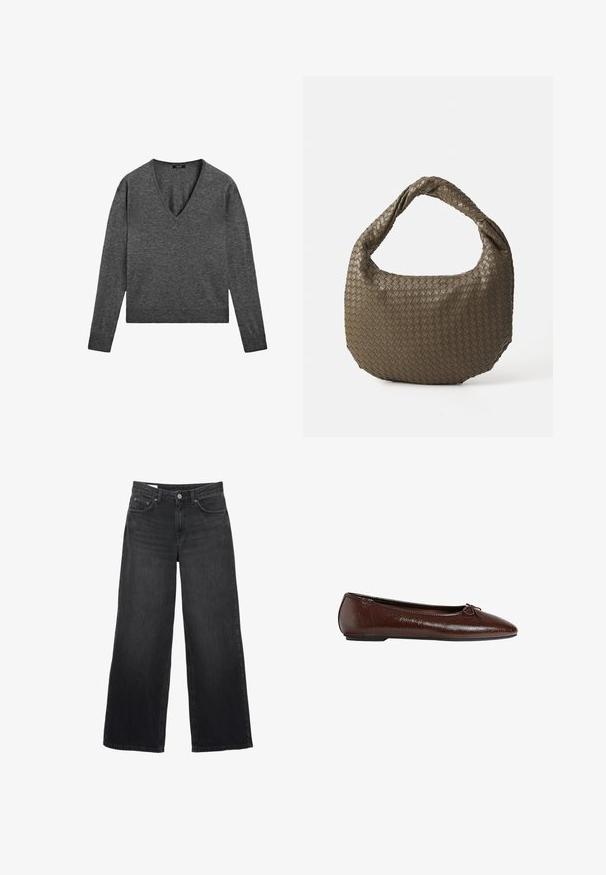 Manteau en mélange de laine marron avec un design croisé, des revers en pointe, deux poches avant et des accents de boutons. Manches longues et coupe mi-longue.; Pull gris à manches longues avec décolleté en V, fabriqué en doux tissu tricoté. Présente des poignets côtelés et une taille légèrement cropped.; Jeans larges noirs en denim. Dotés d'un design classique à cinq poches, d'une silhouette droite et d'une fermeture à bouton à l'avant.; Ballerine en cuir marron avec une texture lisse, un bout pointu et un accent en nœud sur le devant, dotée d'une semelle en caoutchouc noir basse.; Sac à main en olive tissé de forme arrondie avec une poignée torsadée. La surface texturée présente un motif diagonal. Fermeture zippée.
