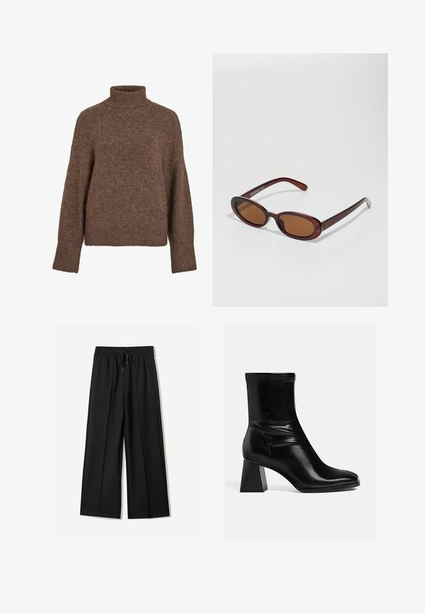 Cappotto in misto lana marrone con design doppiopetto, revers a punta, due tasche frontali e dettagli con bottoni. Maniche lunghe e lunghezza intermedia.; Maglione dolcevita marrone realizzato in materiale morbido e strutturato. Presenta una vestibilità comoda, polsini e orlo a coste, con una maglia uniforme su tutta la superficie.; Pantaloni neri a gamba larga realizzati in tessuto morbido. Presentano una vita elasticizzata con cordoncino e due tasche laterali. Davanti piatto con pieghe.; Stivali ankle in pelle nera con finitura liscia, punta quadrata e tacco a blocco texturizzato. Presenta un design elastico alla caviglia e cuciture visibili.; Occhiali da sole rotondi con tonalità marrone, montatura lucida color bordeaux. Aste sottili con un sottile dettaglio del marchio. Design delle lenti piatte.; Borsa a mano in pelle nera con forma strutturata, manici superiori, texture liscia, ferramenta color oro e chiusura frontale. Presenta il logo alla base.