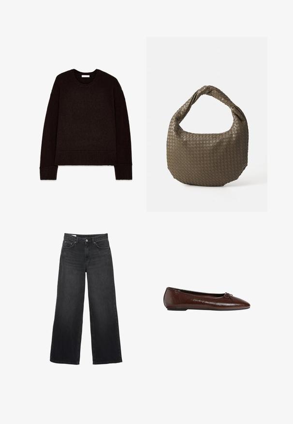 Cappotto in misto lana marrone con design doppiopetto, revers a punta, due tasche frontali e dettagli con bottoni. Maniche lunghe e lunghezza intermedia.; Maglione a maglia marrone scuro con collo a giro, maniche lunghe e bordi a coste. Tessuto morbido con un design a vestibilità rilassata.; Jeans neri a gamba larga realizzati in denim. Caratterizzati da un classico design a cinque tasche, una silhouette dritta e una chiusura con bottone frontale.; Ballerine in pelle marrone con una superficie liscia, punta affusolata e un dettaglio a fiocco sulla parte anteriore, dotate di una suola bassa in gomma nera.; Borsa in oliva intrecciata con forma arrotondata e manico attorcigliato. La superficie testurizzata presenta un motivo diagonale. Chiusura con cerniera.