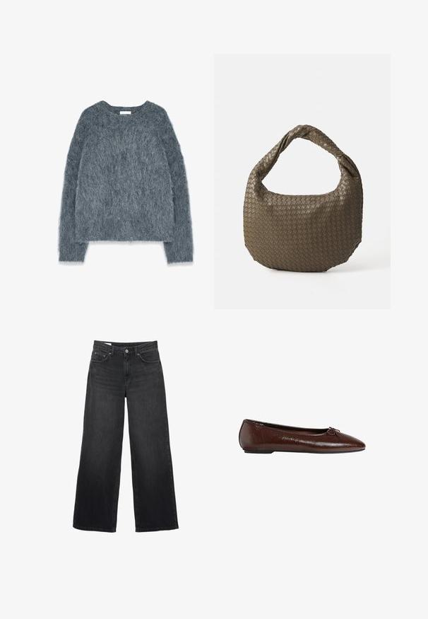 Brauner Wollmischungs-Mantel mit doppelreihigem Design, Reverskragen, zwei Fronttaschen und Knopfdetails. Lange Ärmel und mittellange Schnitt.; Strickpullover in Grau mit lockerer Passform, langen Ärmeln und weitem Halsausschnitt. Weiches, flauschiges Material mit leichtem Glanz. Keine auffälligen Muster oder Akzente.; Schwarze weit geschnittene Jeans aus Denim. Sie verfügen über ein klassisches Fünf-Taschen-Design, eine gerade Silhouette und einen Knopfverschluss vorne.; Braune Leder-Ballettschuhe mit glatter Textur, spitzer Zehenpartie und einer Schleifenakzentierung auf der Vorderseite, ausgestattet mit einer niedrigen schwarzen Gummisohle.; Geflochtene olivgrüne Handtasche mit runder Form und gedrehter Tragegriff. Strukturiert Oberfläche mit diagonaler Musterung. Reißverschlussverschluss.