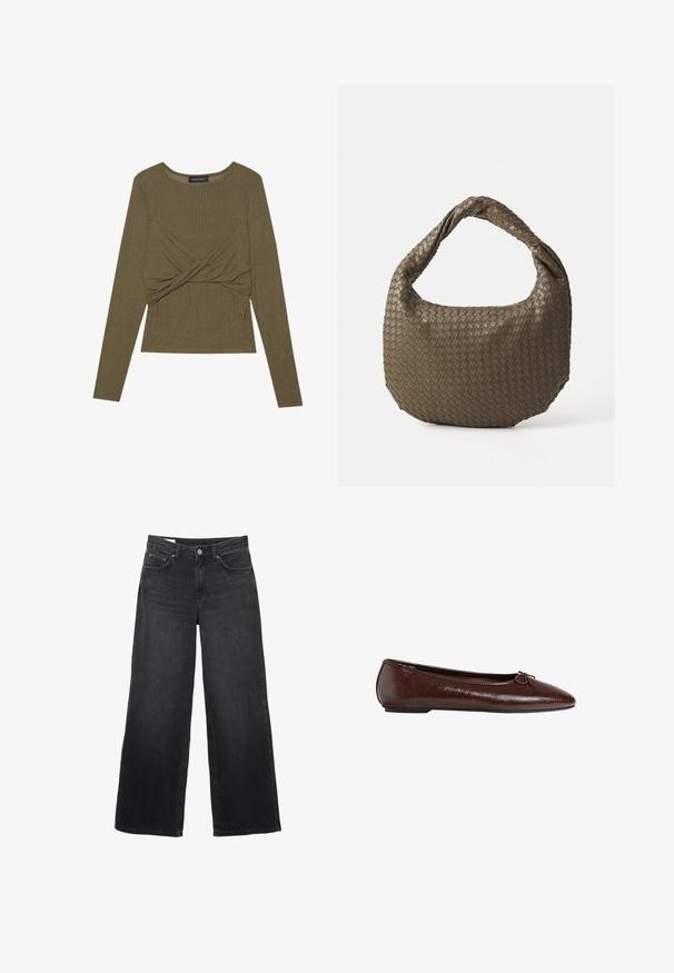Brauner Wollmischungs-Mantel mit doppelreihigem Design, Reverskragen, zwei Fronttaschen und Knopfdetails. Lange Ärmel und mittellange Schnitt.; Olivgrünes Langarmoberteil aus geripptem Stoff mit einem gedrehten Frontdesign und rundem Halsausschnitt.; Schwarze weit geschnittene Jeans aus Denim. Sie verfügen über ein klassisches Fünf-Taschen-Design, eine gerade Silhouette und einen Knopfverschluss vorne.; Braune Leder-Ballettschuhe mit glatter Textur, spitzer Zehenpartie und einer Schleifenakzentierung auf der Vorderseite, ausgestattet mit einer niedrigen schwarzen Gummisohle.; Geflochtene olivgrüne Handtasche mit runder Form und gedrehter Tragegriff. Strukturiert Oberfläche mit diagonaler Musterung. Reißverschlussverschluss.