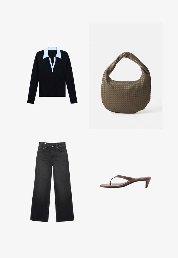 Brauner Wollmischungs-Mantel mit doppelreihigem Design, Reverskragen, zwei Fronttaschen und Knopfdetails. Lange Ärmel und mittellange Schnitt.; Schwarzes Langarmshirt mit hellblauem offenen V-Ausschnitt und Knopfleiste, flach auf einem weißen Hintergrund gelegt.; Schwarze weit geschnittene Jeans aus Denim. Sie verfügen über ein klassisches Fünf-Taschen-Design, eine gerade Silhouette und einen Knopfverschluss vorne.; Braune, mit Absatz versehene Flip-Flop-Sandale mit einem schmalen Riemen und abgerundetem Zehensteg, der ein kleines goldfarbenes Akzent auf dem Fußbett aufweist.; Geflochtene olivgrüne Handtasche mit runder Form und gedrehter Tragegriff. Strukturiert Oberfläche mit diagonaler Musterung. Reißverschlussverschluss.
