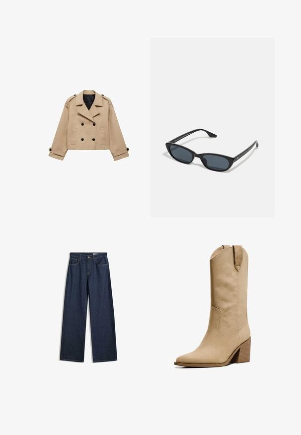 Beige, taillierter Trenchcoat in cropped Länge mit doppelreihiger Knopfleiste, Schulterklappen und schwarzen Knöpfen. Aus weichem Material gefertigt.; Hellgrauer, kurzgeschnittener Cardigan aus weichem Material, mit Rundhalsausschnitt, langen Ärmeln und einer Knopfverschluss mit glänzenden Knöpfen.; PULL&BEAR Top - white; Weite dunkelblaue Jeans mit fünf Taschen, sichtbarer Naht und Knopfverschluss. Sie verfügen über eine gerade Passform und leichte Gebrauchsspuren.; Bershka HIGH-HEEL - Cowboy-/Bikerboot - beige; Schwarze Cat-Eye-Sonnenbrille mit dunklen Gläsern, Kunststoffrahmen, schlanken Bügeln und dezentem Branding an der inneren Seite des Bügels. Matte Oberflächenstruktur.; Braune Wildleder-Schultertasche mit einem geschwungenen Griff, weicher Textur und einem Reißverschluss oben. Keine sichtbaren Beschläge oder Muster.