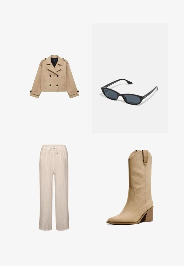 Bežna skrajšana trench jakna z dvostranskim gumbom, epauleti na ramenih in črnimi gumbi. Mehka tkanina in kroj, prilagojen postavi.; Svetlo siva skrajšana cardigan, izdelana iz mehkega materiala, z okroglim izrezom, dolgimi rokavi in gumbnim zapenjanjem s sijočimi gumbi.; PULL&BEAR Top - white; Linen hlače v svetlo bež barvi z elastičnim pasom in vrvico, ki imajo sproščen kroj in ravne hlačnice.; Bershka HIGH-HEEL - Škornji v kavbojskem/motorističnem slogu - beige; Črne mačkaste sončne očala z temnimi lečami, plastičnim okvirjem, ozkimi stebli ter diskretnim logotipom na notranji strani ročaja. Mat zaključna tekstura.; Rjava usnjena torba z ovalnim ročajem, mehko teksturo in zgornjim zadrgo. Brez vidne kovinske opreme ali vzorcev.