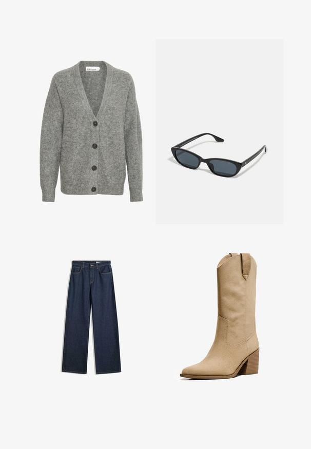 Impermeabil bej scurt, cu închidere cu nasturi dubli, epauleți la umeri și nasturi negri. Material moale și design croit.; Cardigan gri tricotat cu decolteu în V, cinci butoane mari pe față și manșete cu textura rib. Fabricat dintr-un material moale și texturat.; PULL&BEAR Top - white; Jeans din denim închis, cu picioare largi, cinci buzunare, cusături vizibile și închidere cu botton. Prezintă o croială dreaptă și ușoare deteriorări.; Bershka HIGH-HEEL - Cizme cowboy/biker - beige; Ochelari de soare negri cu lentile închise, cadru din plastic, temple subțiri și o marcă discretă pe interiorul brațului. Textură mată.