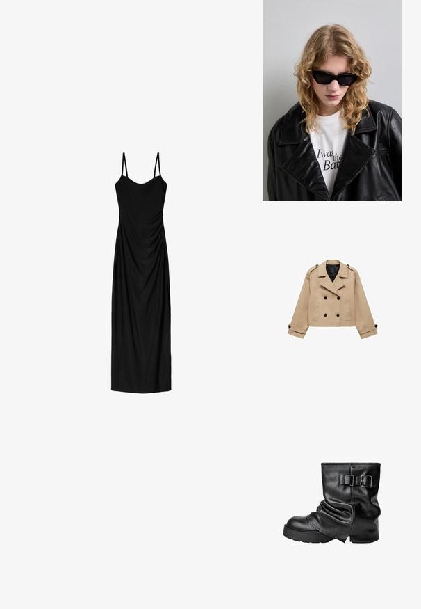 Bežna skrajšana trench jakna z dvostranskim gumbom, epauleti na ramenih in črnimi gumbi. Mehka tkanina in kroj, prilagojen postavi.; Črna midi obleka z tankimi nastavljivimi naramnicami, z drapirano zasnovo in gladko teksturo. Brez vidnih vzorcev ali okrasnih elementov.; Črne usnjene gležnjarje z ohlapnim dizajnom, kvadratnim prstom in stranskim zakovčkom. Debel podplat zagotavlja dodatno višino in stabilnost.; Črne sončna očala s spremenljivo, kotno obliko. Model nosi črno usnjeno jakno preko bele majice s tiskanimi besedami, na nevtralni podlagi.; Rjava teksturirana usnjena torba čez ramo z zlatim verižnim trakom in zapiranjem na pokrov. Spredaj je vidna podrobnost logotipa in žep pod pokrovom.