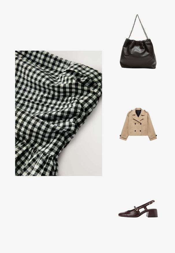 Bežna skrajšana trench jakna z dvostranskim gumbom, epauleti na ramenih in črnimi gumbi. Mehka tkanina in kroj, prilagojen postavi.; Črno-bel karirasti material z elastičnim pasom, ki ima naborke in mehak, teksturiran površin.; Rjave usnjene slingback pete s kvadratnim nosom, izrezanimi stranicami in blok peto. Imajo sponko na trakcu okoli gležnja.; Rjava usnjena torba z nabranim vrhom in verižnim trakom. Gladka tekstura z sijajno površino in subtilnimi šivi na straneh.