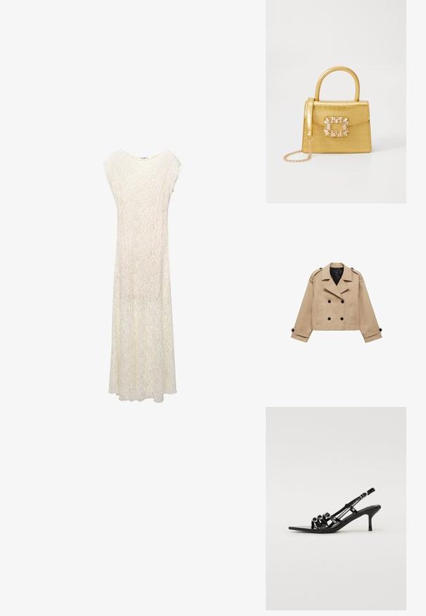 Krémový zkrácený trenčkot s dvouřadým zapínáním na knoflíky, ramenními epauletami a černými knoflíky. Měkká látka a přizpůsobený design.; Maxi šaty z krajky v krémové barvě s volným střihem, krátkými rukávy a květinovým vzorem. Materiál je poloprůsvitný s volnou siluetou.; Černé lodičky na vyšším podpatku s špičatou špičkou, které mají několik úzkých pásků a kulaté akcenty vpředu.; Žlutá kabelka z umělé krokodýlí kůže se strukturovaným designem, horním uchopem, odnímatelným řetízkovým popruhem a dekoračním krystalovým zdobením na zapínání.