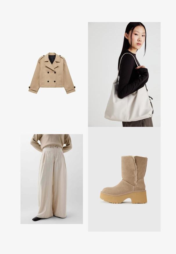 Beige kort trenchcoat med dubbelknappning, axelklaffar och svarta knappar. Mjuk tygkvalitet och skräddarsydd design.; Beige kortärmad tröja i mjukt stickat material. Har rund halsringning, långa ärmar samt ribbade muddar och nederkant för ökad textur.; Beige vida byxor i texturerat tyg, med hög midja, framplyck och synliga sömdetaljer.; Beige mockasteboots till mitten av vaden med en tjock gul plattformssula, som har ett mjukt, texturerat foder och en rundad tådesign. Enkel yttermaterial.; Beige handväska tillverkad av mjukt material, med en avslappnad design, sydda detaljer och två axelremmar. Lämplig för dagligt bruk.