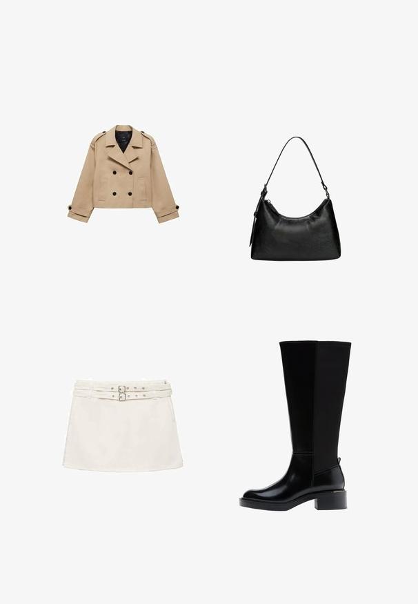 Beżowy krótki płaszcz trencz z podwójnym zapięciem na guziki, epauletami na ramionach i czarnymi guzikami. Miękka tkanina i dopasowany krój.; Brązowy, długi sweter z długim rękawem i wysokim dekoltem. Wykonany z miękkiej, teksturowanej tkaniny. Charakteryzuje się luźnym, pudełkowym kształtem i minimalistycznym wzornictwem.; Biała dżinsowa mini spódniczka z podwójnym paskiem w talii, z metalowymi detalami w kolorze srebra oraz gładką, płaską fakturą. Prosty, casualowy design.; Czarny kozaki za kolano z gładkim wykończeniem ze skóry, widocznym przeszyciem, masywnym obcasem i fakturowanym tylnym panelem dla dodatkowego efektu.; Czarna torebka z syntetycznej skóry o zaokrąglonym kształcie, z krótkim uchwytem, zamykana na zamek błyskawiczny, z delikatnym teksturowanym wzorem na powierzchni.; Brązowe skórzane rękawiczki o gładkiej fakturze, z pięcioma palcami, elastycznym nadgarstkiem i ozdobnym przeszyciem wzdłuż krawędzi.
