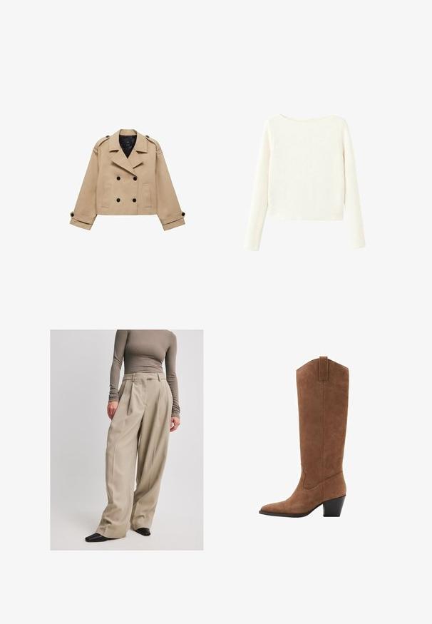 Beige kort trenchcoat med dobbeltknaplukning, skulderklapper og sorte knapper. Blødt stof og skræddersyet design.; Hvid, langærmet, ribbet striktrøje med let bådformet halsudskæring og lige kant.; NA-KD Bukser - beige; Brune ruskinds knæhøje støvler med spids tå, skrå hæl og dekorativ syning på skaftet. Glat tekstur og tilspidset design.